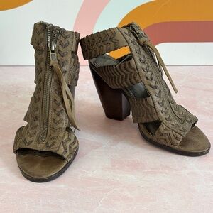Nicole Taupe Leather Zip Wood Heeled Sandals, size 6.5